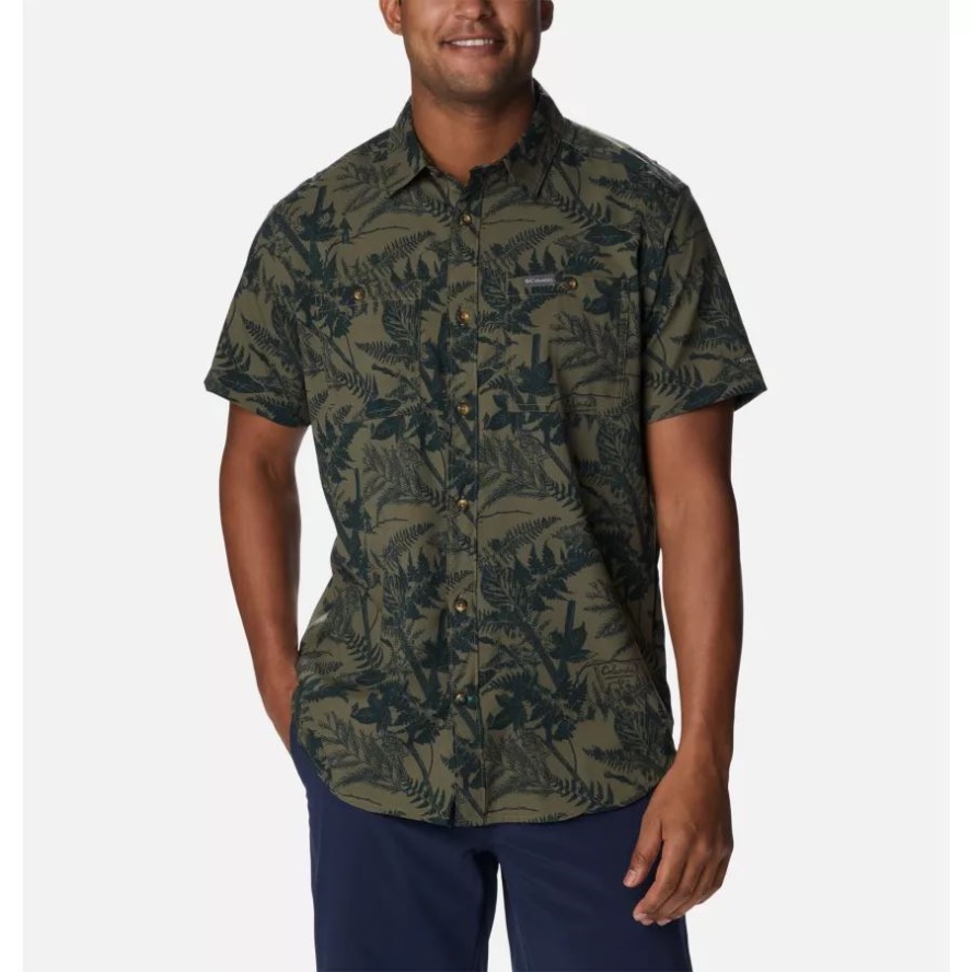 Stone Green North Woods Print Men's Utilizer Printed Woven Short Sleeve Shirt Columbia Sale