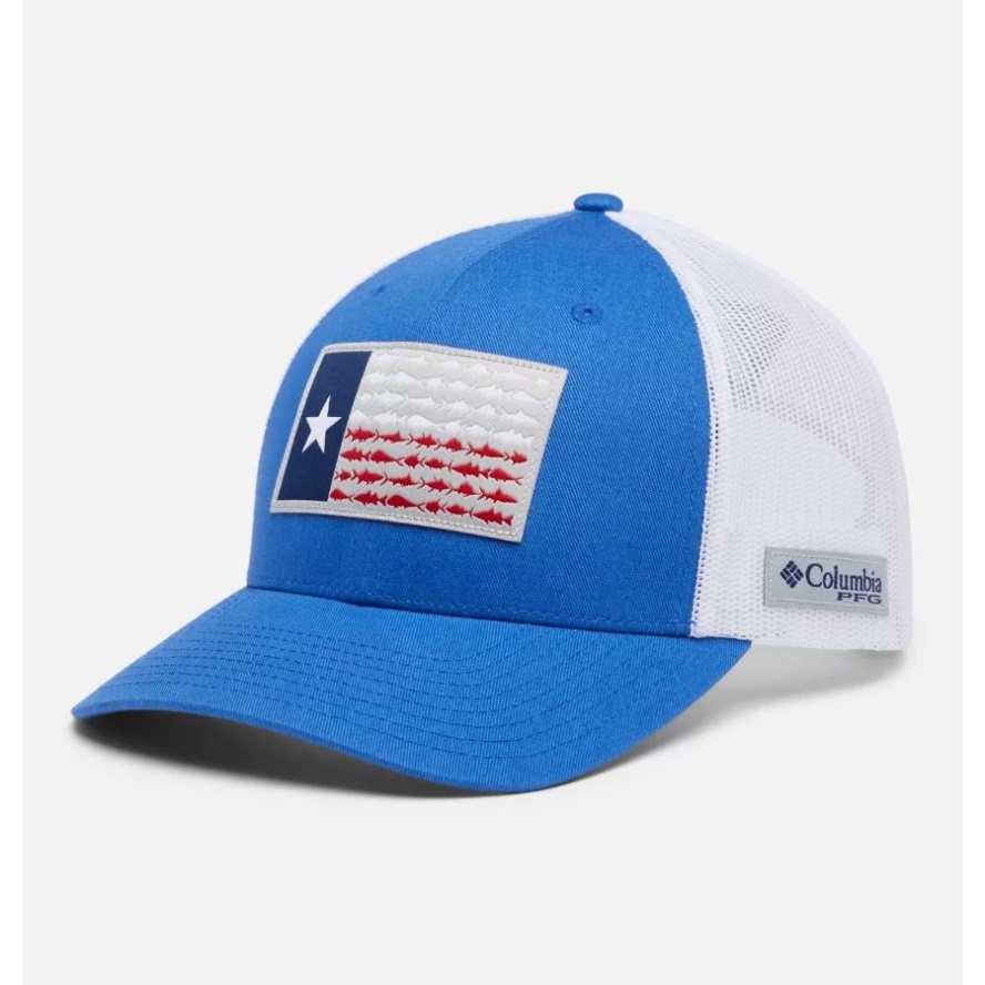 Vivid Blue/Texas Flag PFG Fish Flag Mesh Snapback Mid Crown Columbia Sale