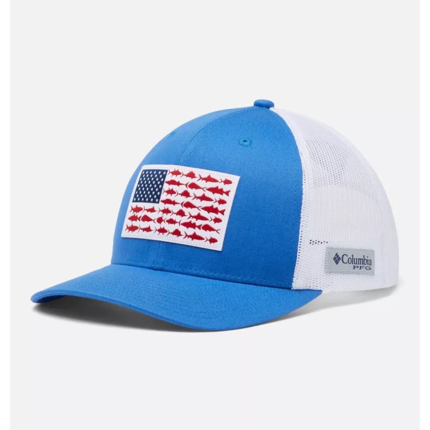 Vivid Blue/White Columbia Sale PFG Fish Flag Mesh Snapback Mid Crown