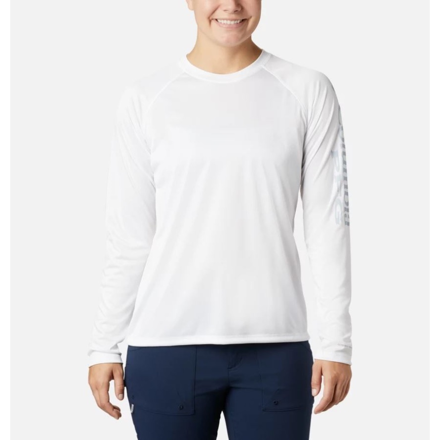 White/Cirrus Grey Logo Women's PFG Tidal Tee II Long Sleeve Shirt Columbia Sale