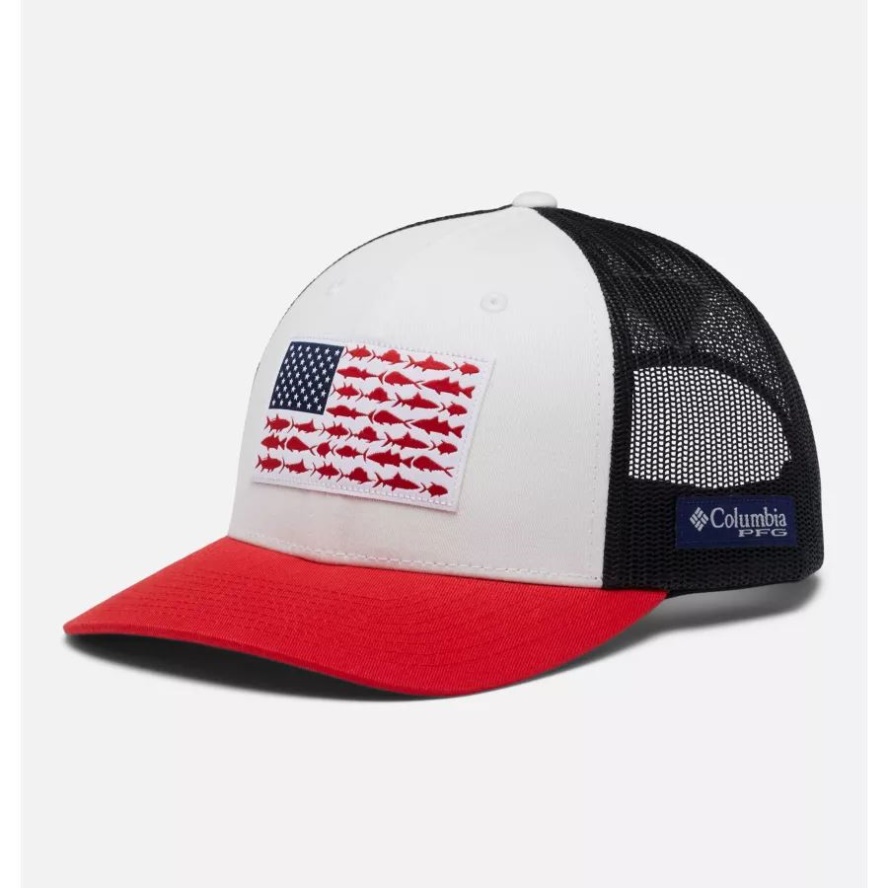 White/Collegiate Navy/Red Spark PFG Fish Flag Mesh Snapback Mid Crown Columbia Sale