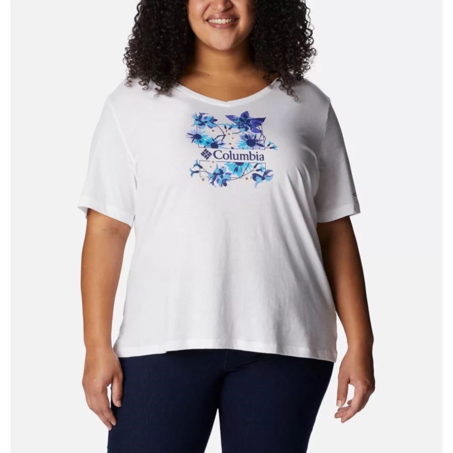 White/Jubilant Escape Graphic Women's Bluebird Day Relaxed V- Neck Shirt Plus Size Columbia Sale