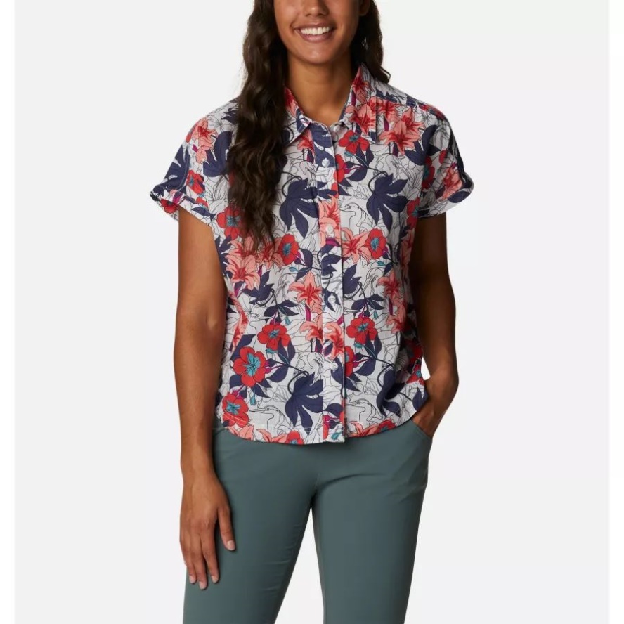 White Lakeshore Floral Multi Women's Camp Henry IV Casual Short Sleeve Shirt Columbia Sale