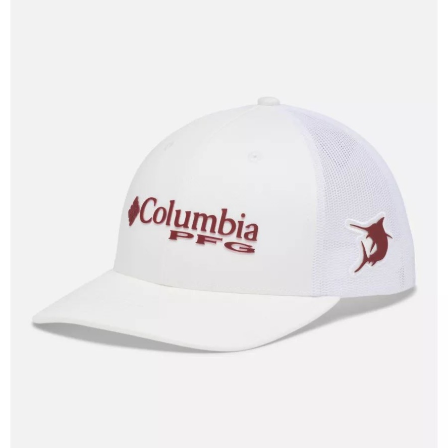 White/Red Jasper PFG Logo Mesh Snapback Mid Crown Columbia Sale
