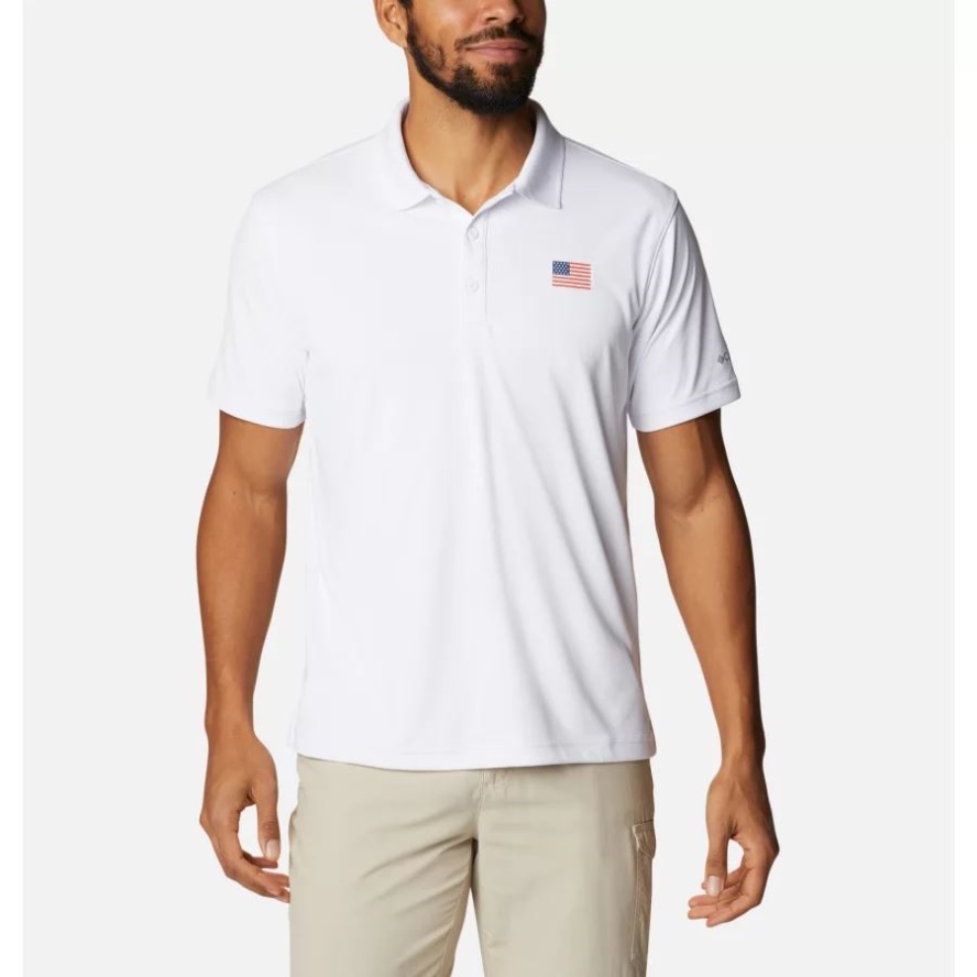 White/US Flag Columbia Sale Men's PFG Terminal Tackle Flag Polo