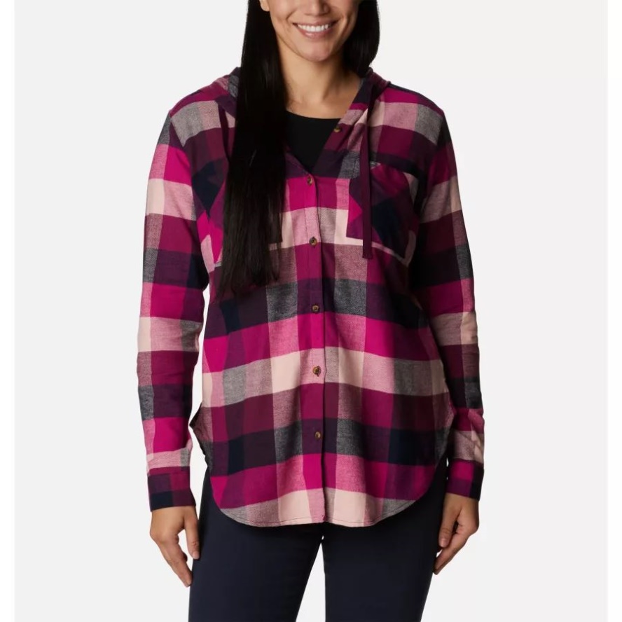 Wild Fuchsia Buffalo Check Women's Anytime Stretch Hooded Long Sleeve Shirt Columbia Sale