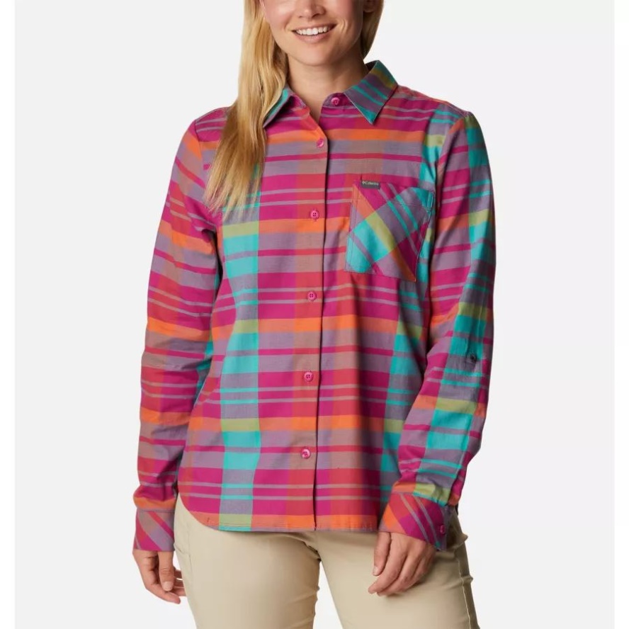Wild Fuchsia Madras Columbia Sale Women's Anytime Casual II Stretch Long Sleeve T-Shirt