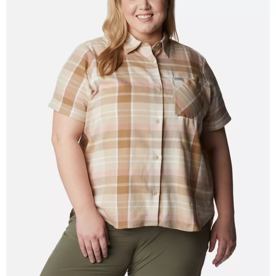 Women's Anytime Casual Stretch Short Sleeve Shirt Plus Size Columbia Sale Ancient Fossil Madras