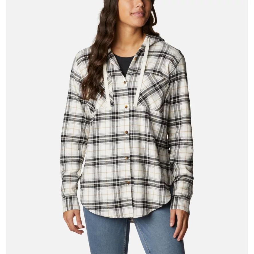 Women's Anytime Stretch Hooded Long Sleeve Shirt Black Multi Tartan Columbia Sale