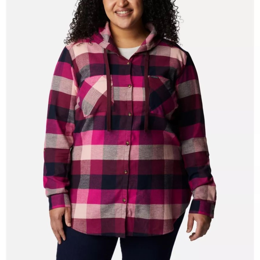 Women's Anytime Stretch Hooded Long Sleeve Shirt Plus Size Columbia Sale Wild Fuchsia Buffalo Check