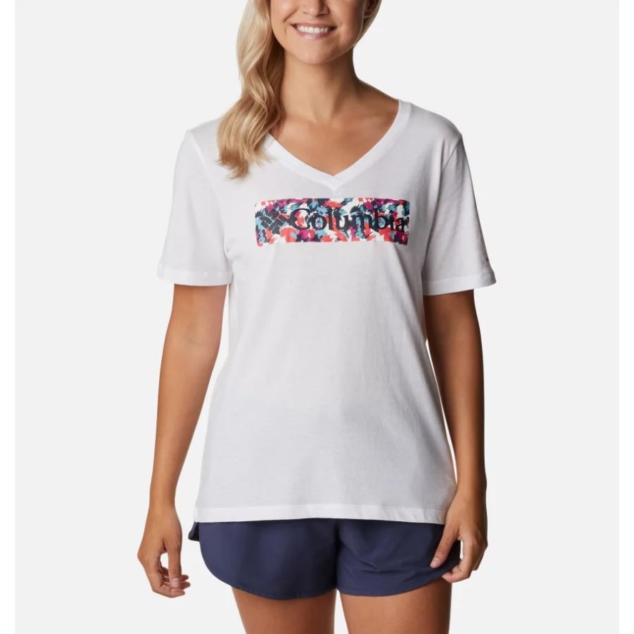 Women's Bluebird Day Casual Graphic T-Shirt Columbia Sale White/Typhoon Blooms Framed