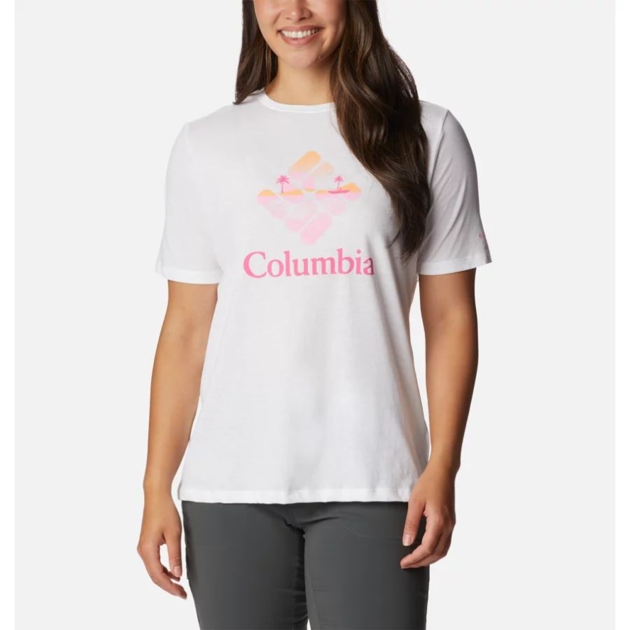 Women's Bluebird Day Relaxed Crew Neck Shirt Columbia Sale White/CSC Stacked Halftone Fishing Grx