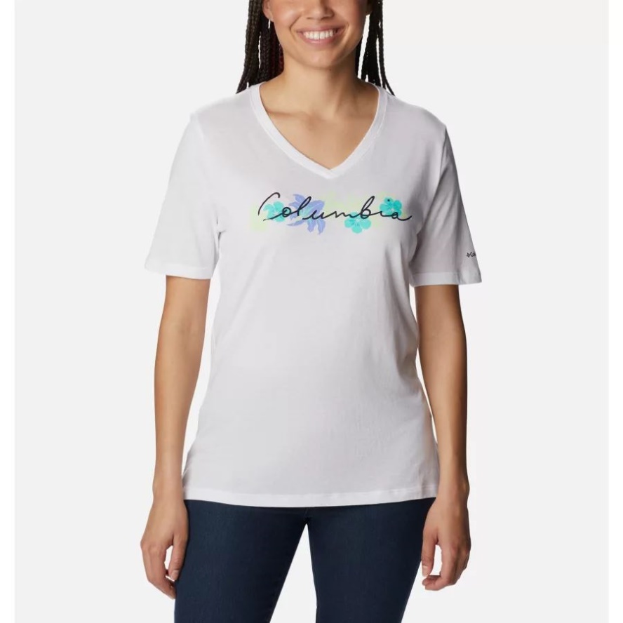 Women's Bluebird Day Relaxed V-Neck Shirt White/Lakeshore Flora Columbia Sale