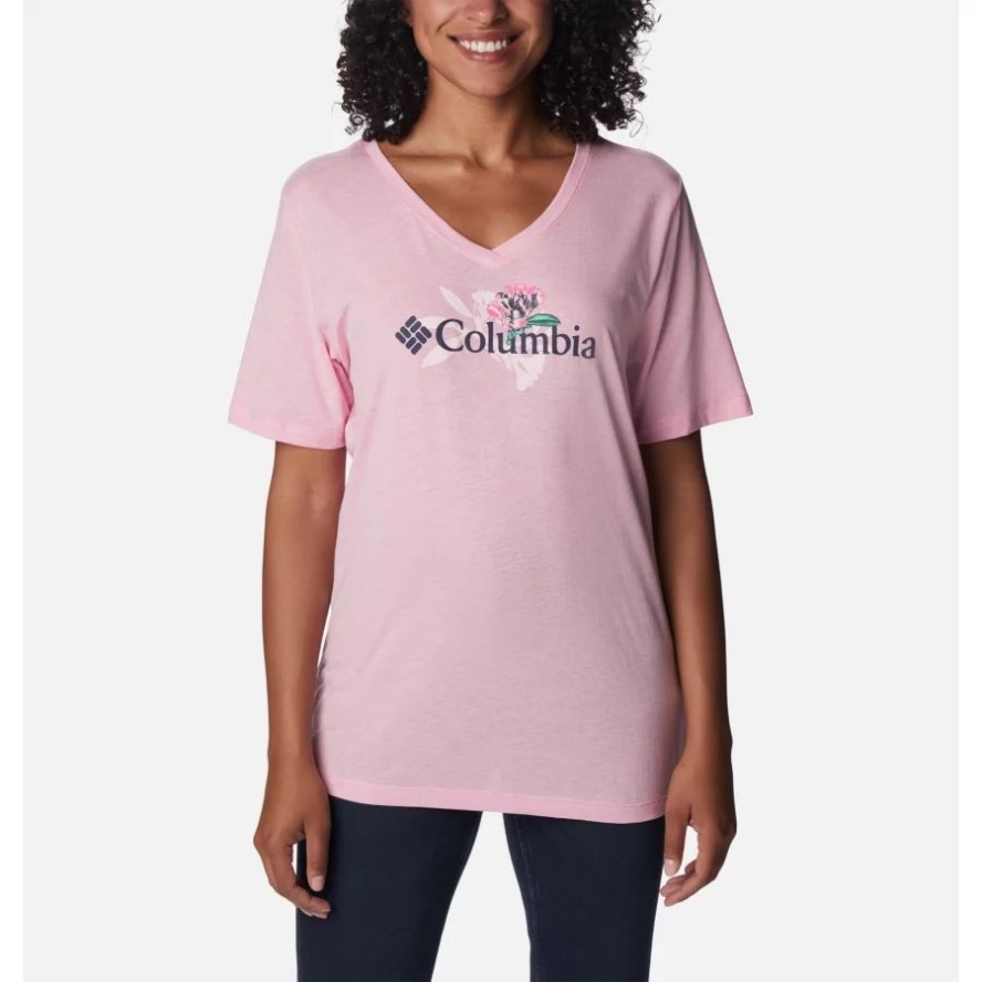 Women's Bluebird Day Relaxed V-Neck Shirt Wild Rose Hthr/Jubilant Flower Graphic Columbia Sale