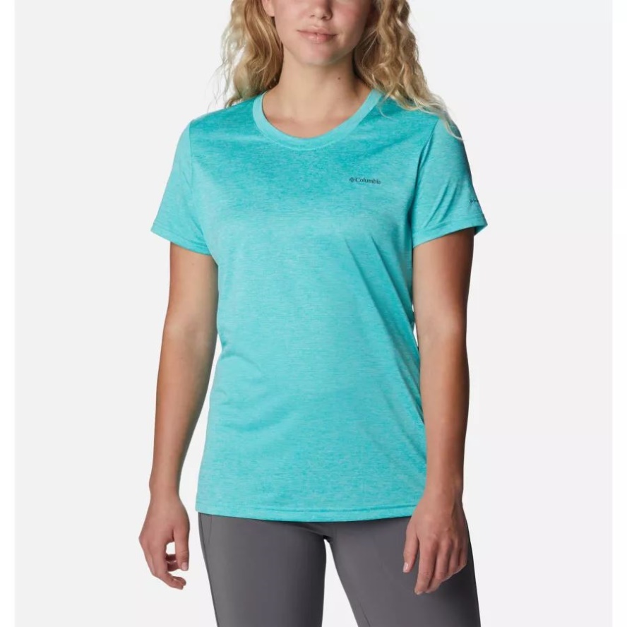 Women's Columbia Sale Hike Short Sleeve Crew Shirt Bright Aqua/Heather Columbia Sale