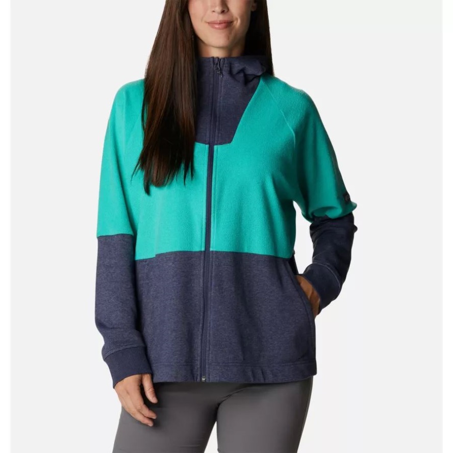Women's Columbia Sale Lodge French Terry Hooded Full-Zip Jacket Columbia Sale Nocturnal Heather/Electric Turquoise He
