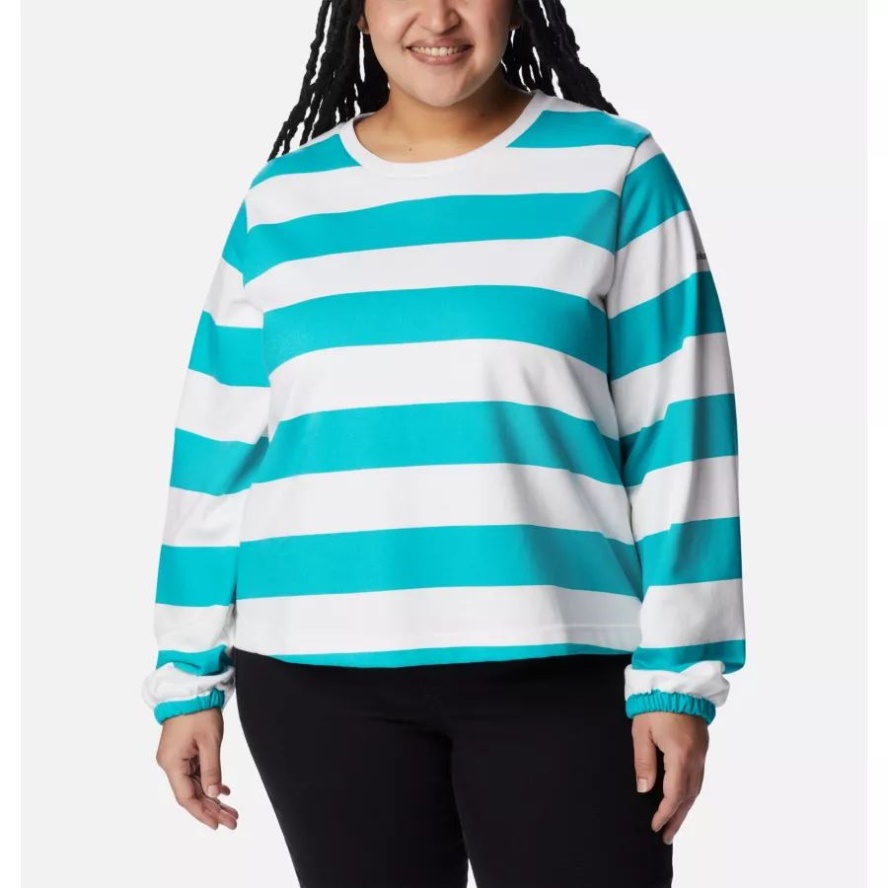 Women's Columbia Sale Trek French Terry Graphic Crew Plus Columbia Sale Bright Aqua/Rugby Stripe