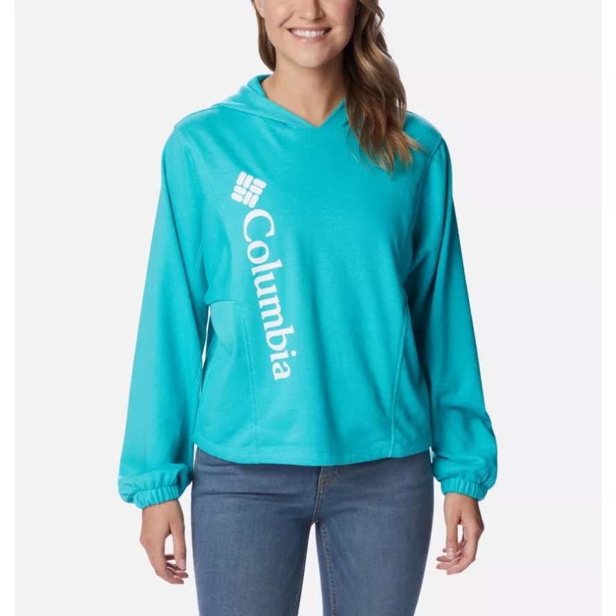 Women's Columbia Sale Trek Seasonal French Terry Hoodie Bright Aqua/White Logo Columbia Sale