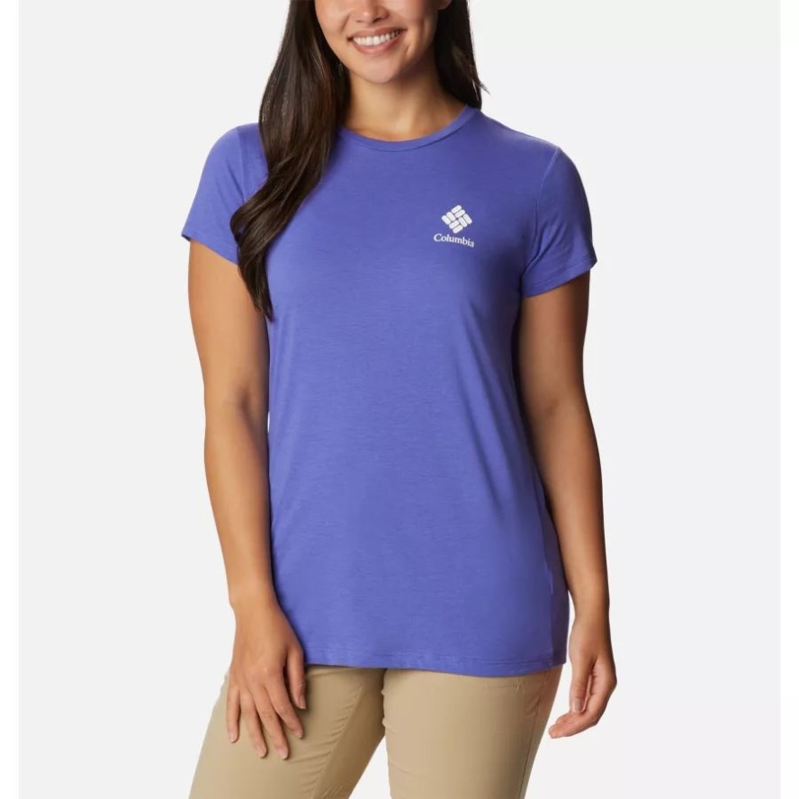Women's Columbia Sale Trek Short Sleeve Graphic Shirt Purple Lotus/CSC Stacked Mini Graphic Columbia Sale