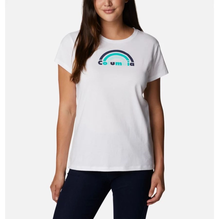 Women's Columbia Sale Trek Short Sleeve Graphic Shirt White/Blocked Rainbow Columbia Sale