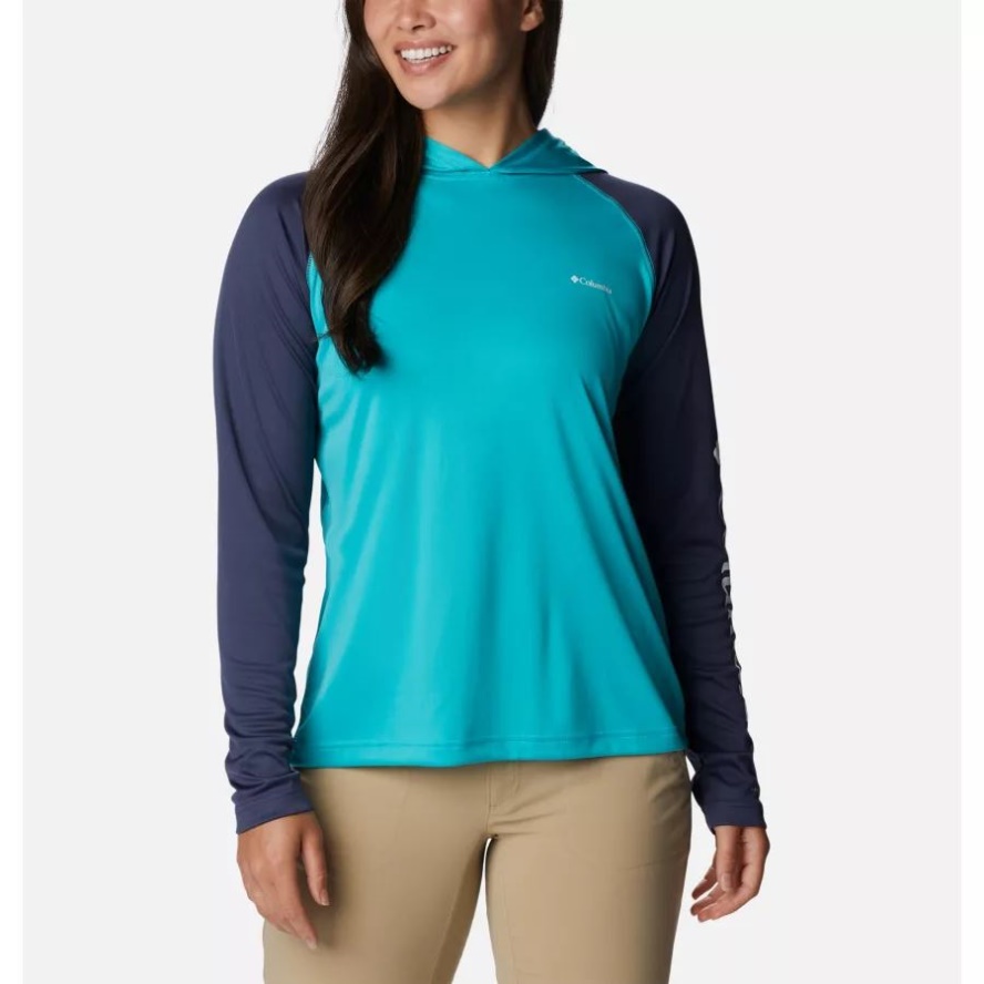 Women's Fork Stream Long Sleeve Hoodie Columbia Sale Bright Aqua/Nocturnal/White Logo