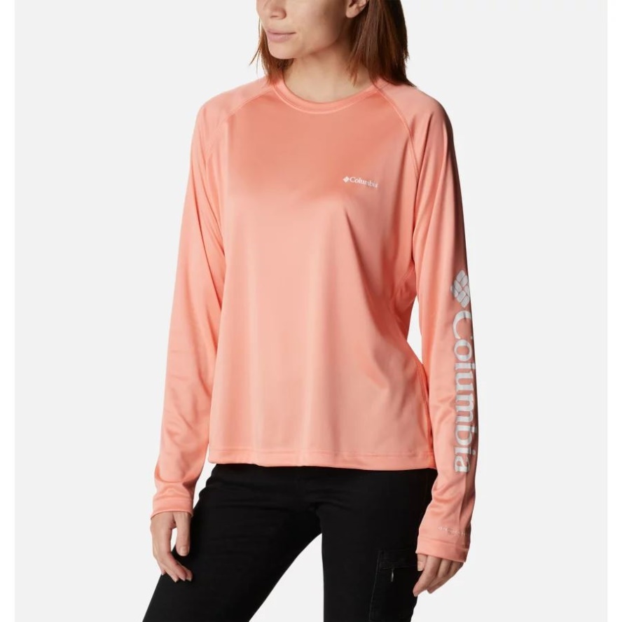 Women's Fork Stream Long Sleeve Shirt Columbia Sale Coral Reef/White Logo