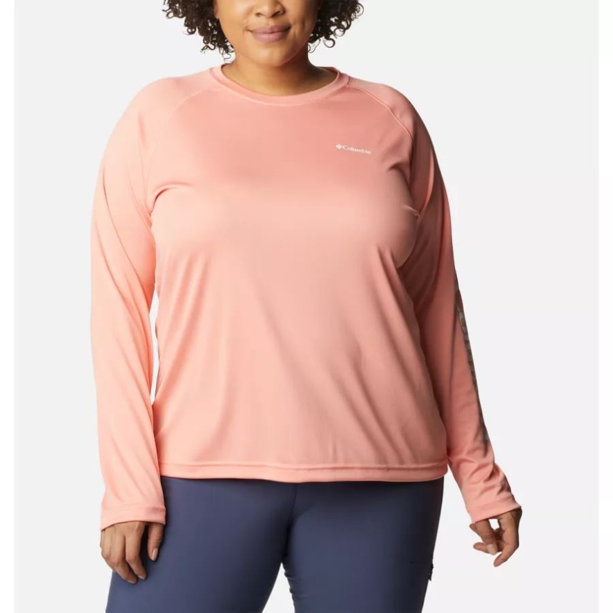Women's Fork Stream Long Sleeve Shirt Plus Size Columbia Sale Coral Reef/White Logo