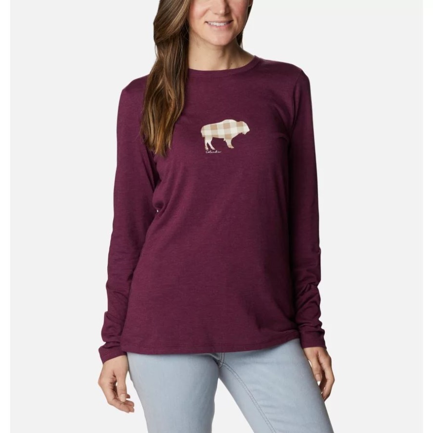 Women's Hidden Haven Long Sleeve T-Shirt Columbia Sale Marionberry Heather/Range Roam Print