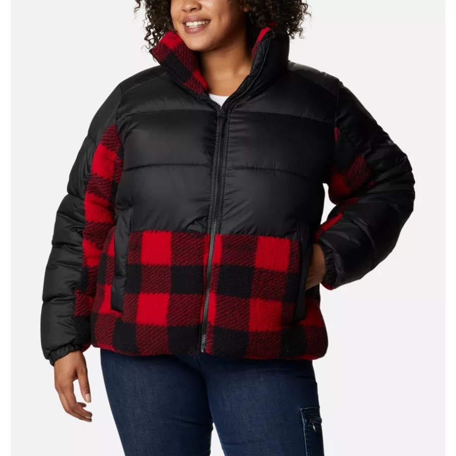 Women's Leadbetter Point Sherpa Hybrid Jacket Plus Size Columbia Sale Black/Red Buffalo Plaid Print