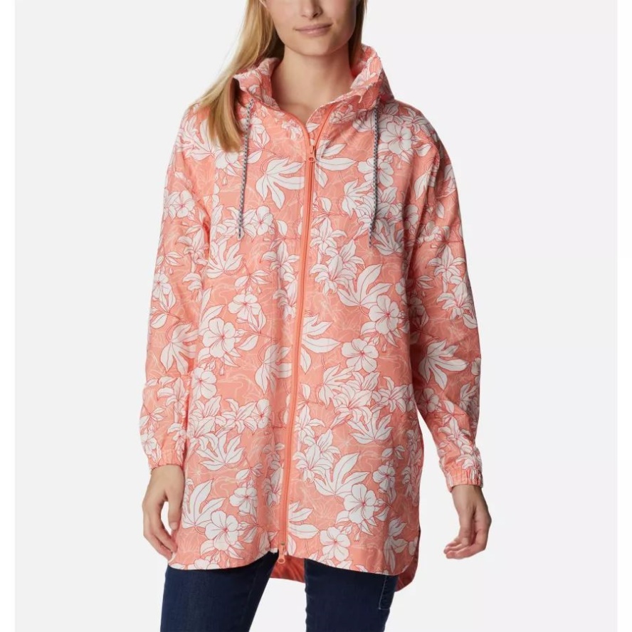 Women's Little Fields Printed Long Jacket Columbia Sale Coral Reef Lakeshore Floral Print
