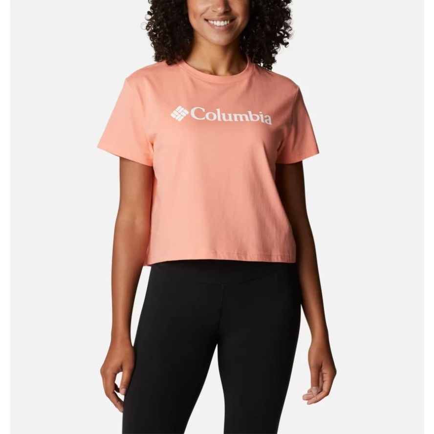 Women's North Cascades Graphic Cropped T-Shirt Coral Reef/White Logo Columbia Sale