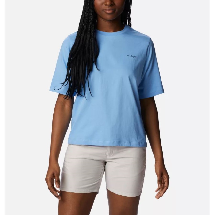 Women's PFG Bramley Bay Relaxed Tee Agate Blue/Fish Star Marlin Graphic Columbia Sale