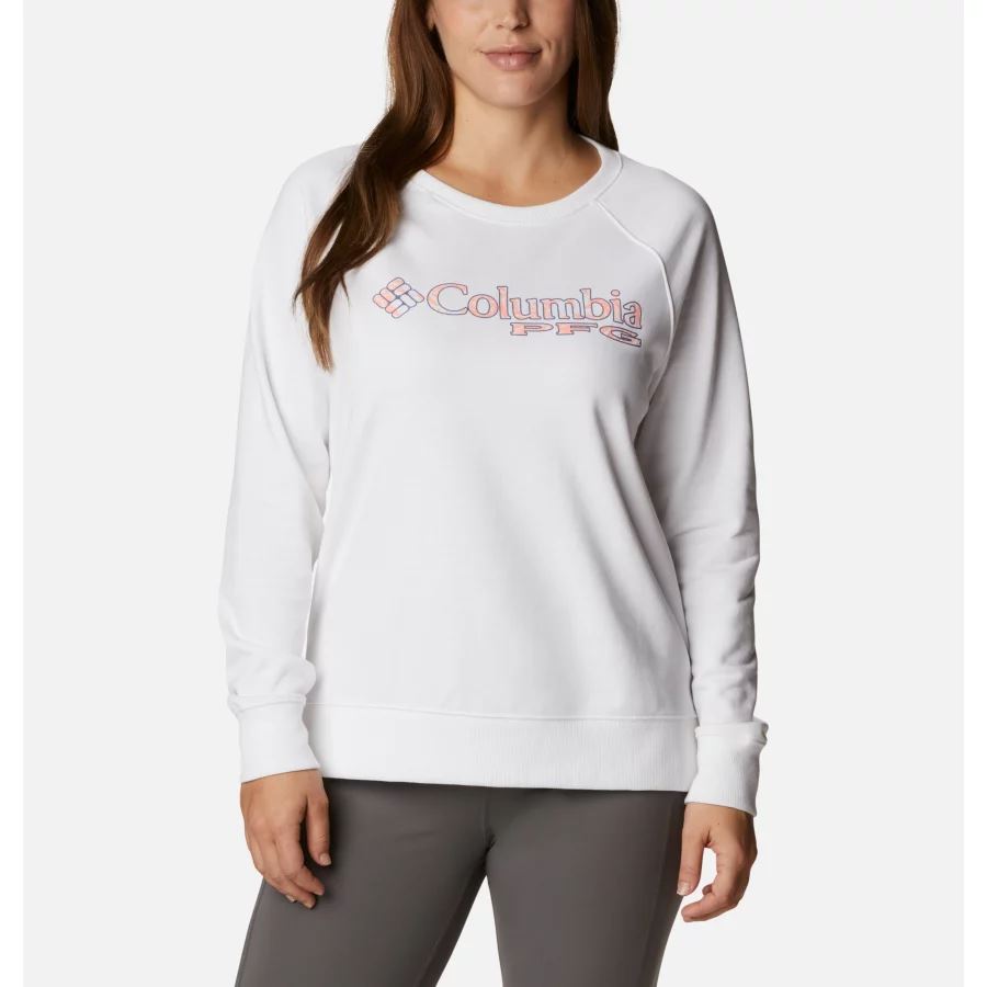 Women's PFG Slack Water French Terry Crew Sweatshirt Columbia Sale White/Palmetto Graphic