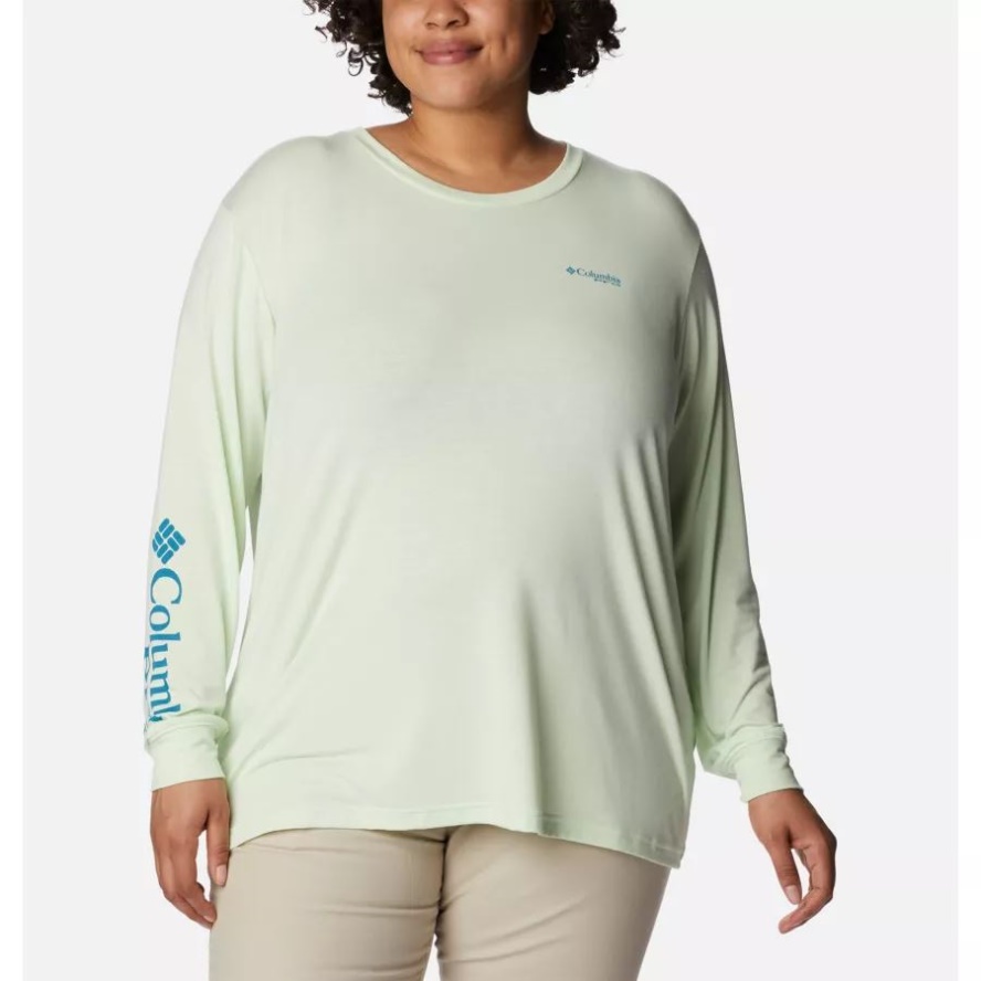 Women's PFG Slack Water Graphic Long Sleeve Shirt Plus Size Columbia Sale Light Lime/Cypress Gradient
