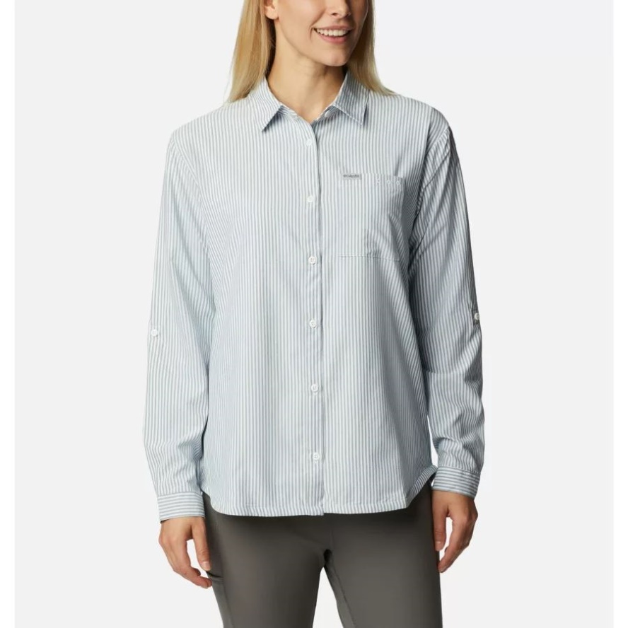 Women's PFG Sun Drifter Woven Long Sleeve Shirt Columbia Sale Carbon/Oxford Stripe
