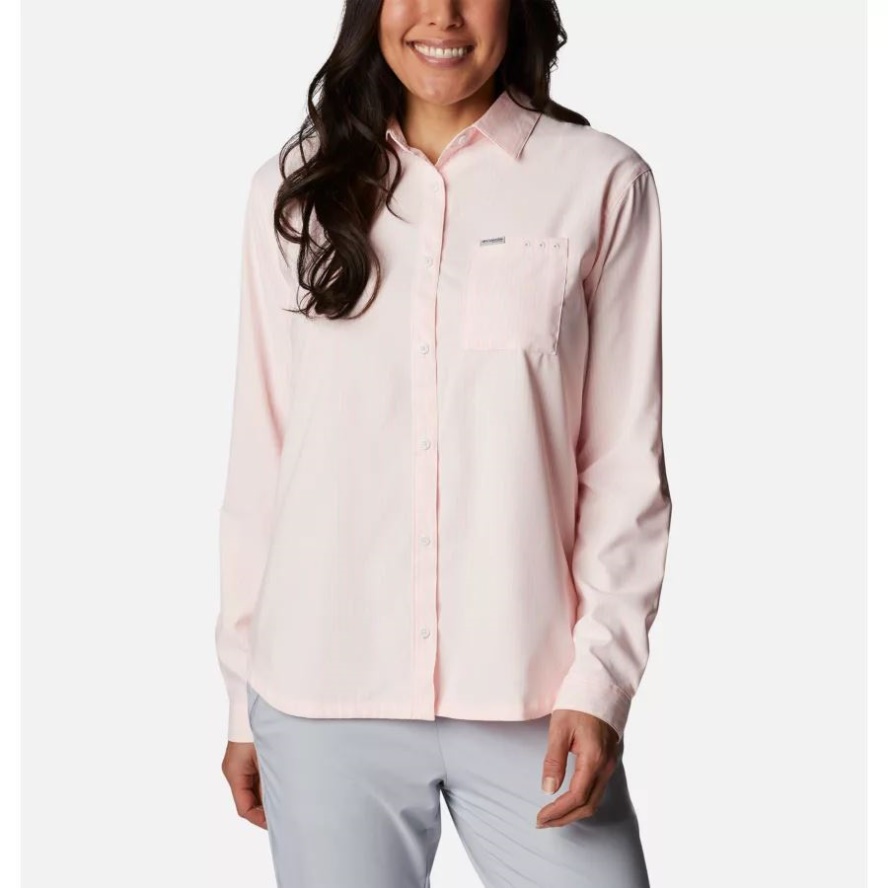 Women's PFG Sun Drifter Woven Long Sleeve Shirt Tiki Pink/Oxford Stripe Columbia Sale