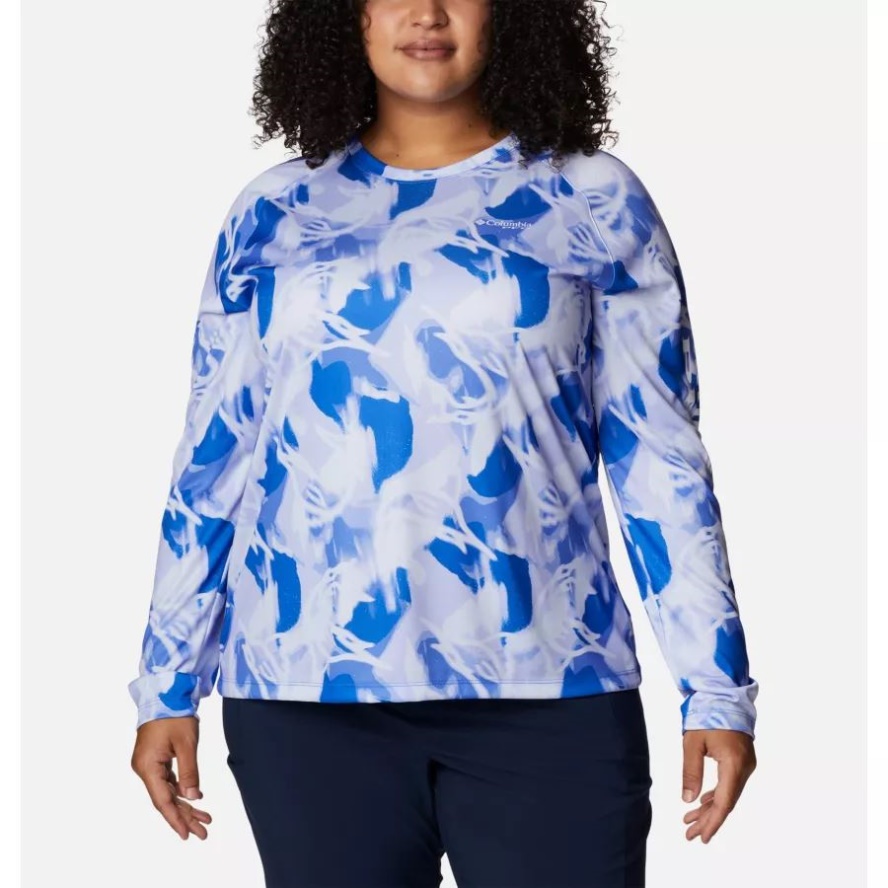 Women's PFG Super Tidal Tee II Long Sleeve Shirt Plus Size Columbia Sale Blue Macaw/Auroras Print