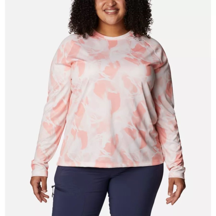 Women's PFG Super Tidal Tee II Long Sleeve Shirt Plus Size Tiki Pink/Auroras Print Columbia Sale