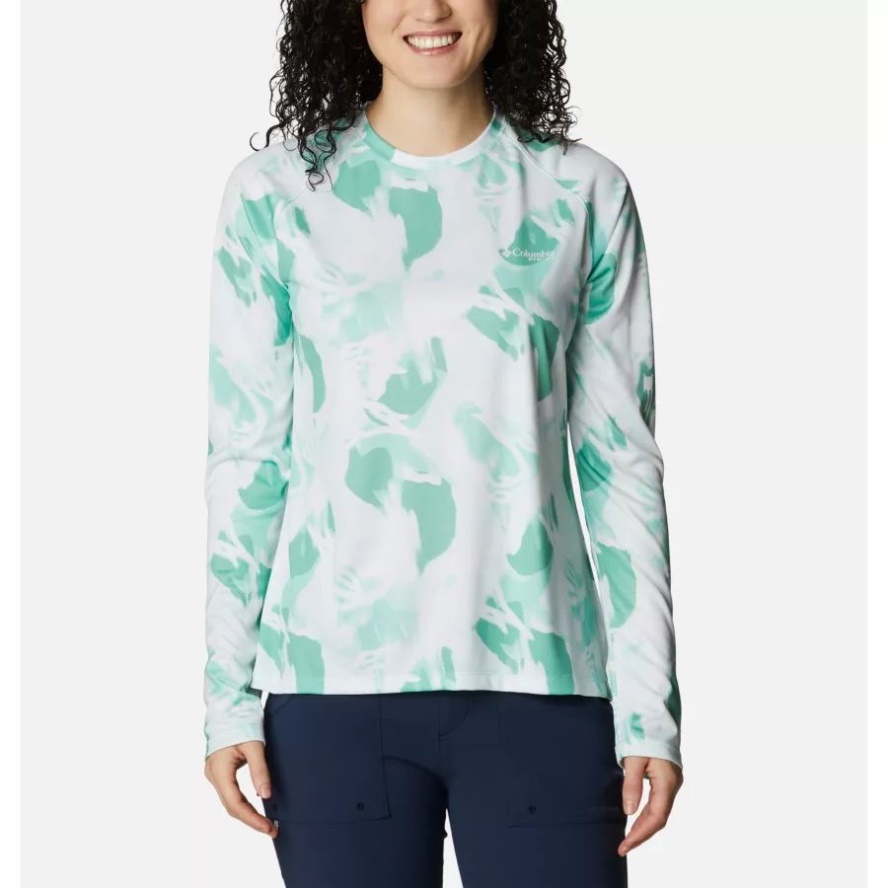 Women's PFG Super Tidal Tee Long Sleeve Columbia Sale Kelp/Auroras Print