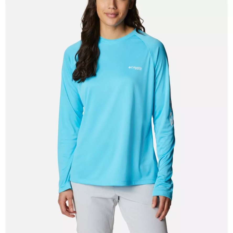 Women's PFG Tidal Tee II Long Sleeve Shirt Atoll/White Logo Columbia Sale