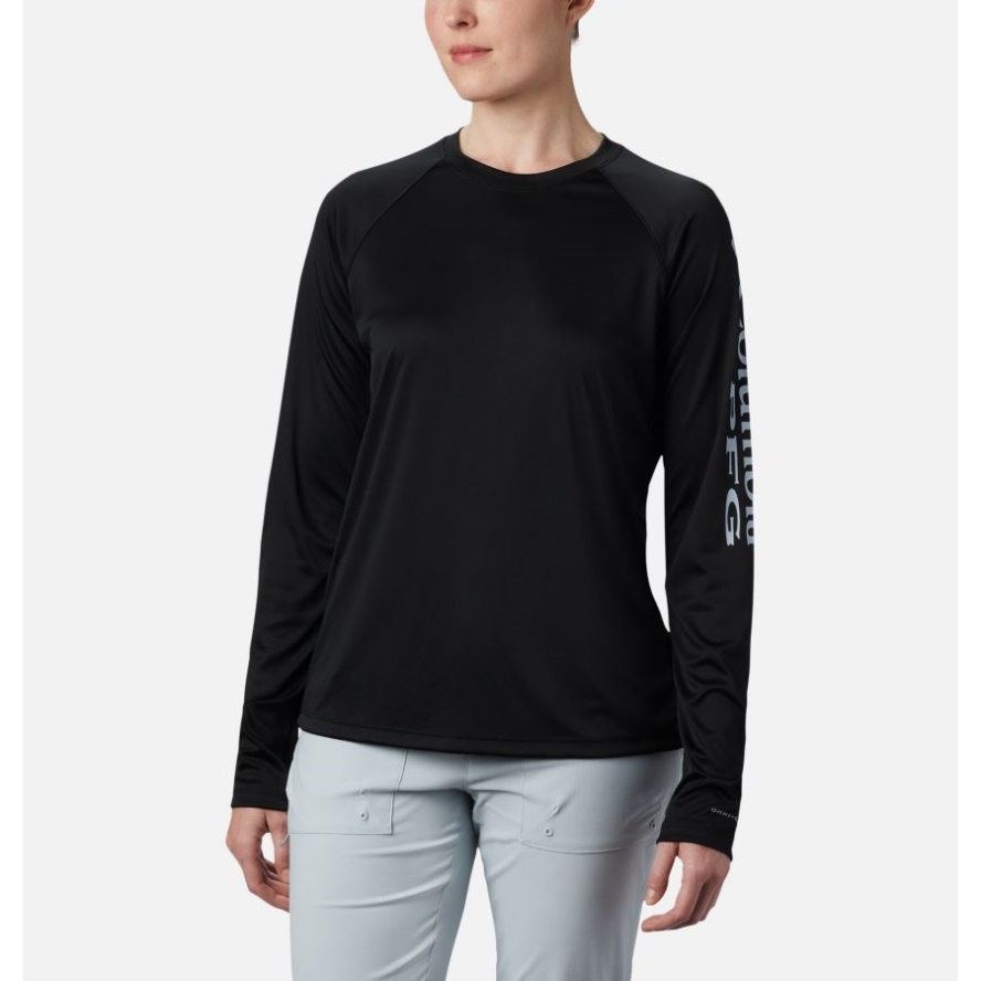 Women's PFG Tidal Tee II Long Sleeve Shirt Columbia Sale Black/Cirrus Grey Logo