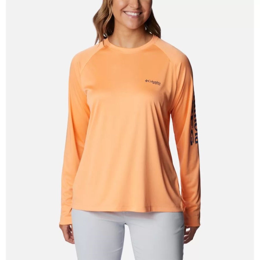 Women's PFG Tidal Tee II Long Sleeve Shirt Columbia Sale Bright Nectar/Carbon Logo