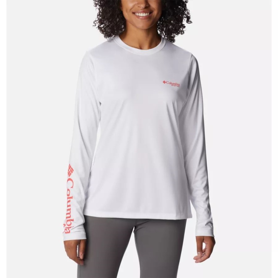 Women's PFG Tidal Tee Island Time Long Sleeve Shirt Columbia Sale White/Neon Sunrise