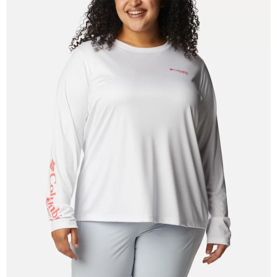 Women's PFG Tidal Tee Island Time Long Sleeve Shirt Plus Size Columbia Sale White/Neon Sunrise