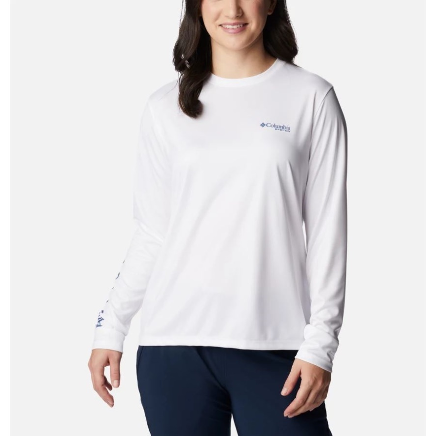 Women's PFG Tidal Tee Sailfish Flair Long Sleeve Shirt Columbia Sale White/Bluestone Aurora Fish
