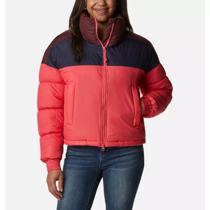 Women's Pike Lake Insulated Cropped Puffer Jacket Bright Geranium/Dark Nocturnal/Malbec Columbia Sale