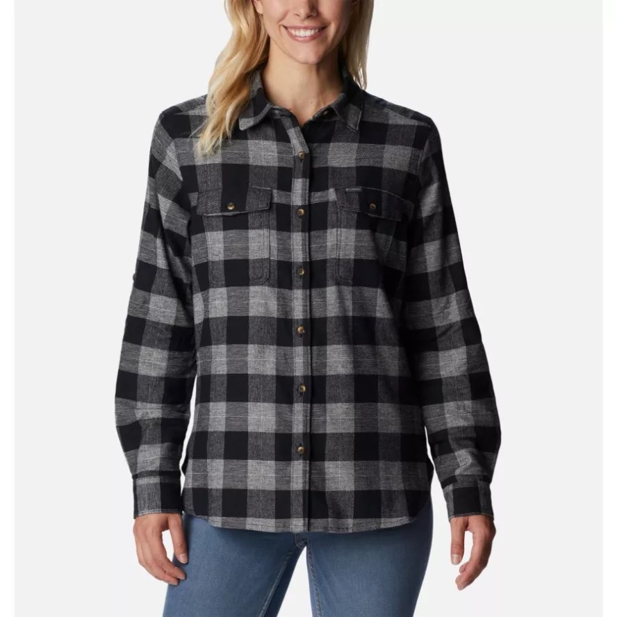 Women's Pine Street Stretch Flannel Black Twill Columbia Sale