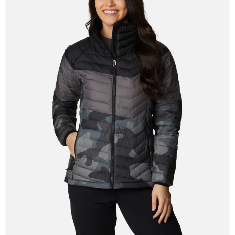 Women's Powder Lite Blocked Jacket Columbia Sale Black/City Grey/Black Mod Camo Print