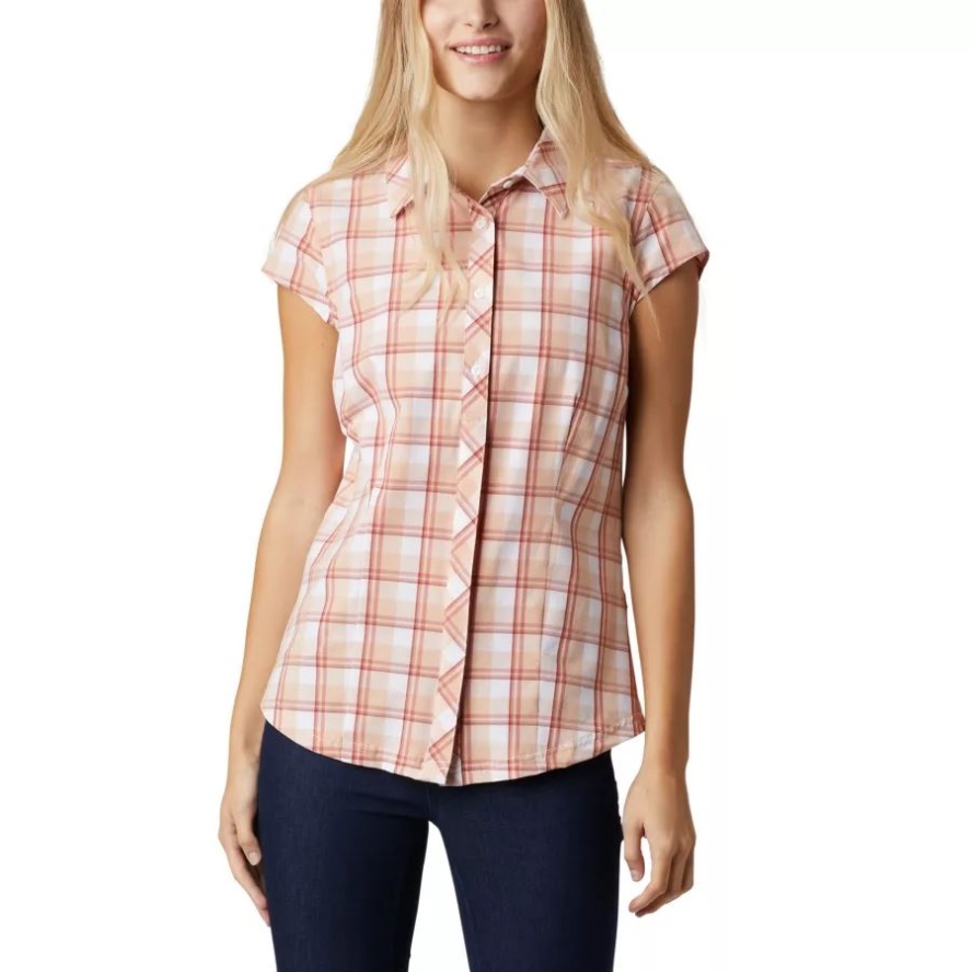 Women's Saturday Trail II Stretch Short Sleeve Shirt Columbia Sale Dark Coral Medium Grid
