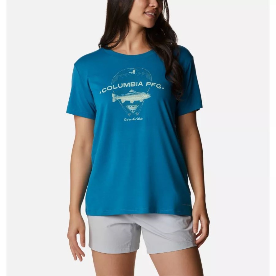 Women's Slack Water Graphic Short Sleeve Shirt Deep Marine/Trout Columbia Sale